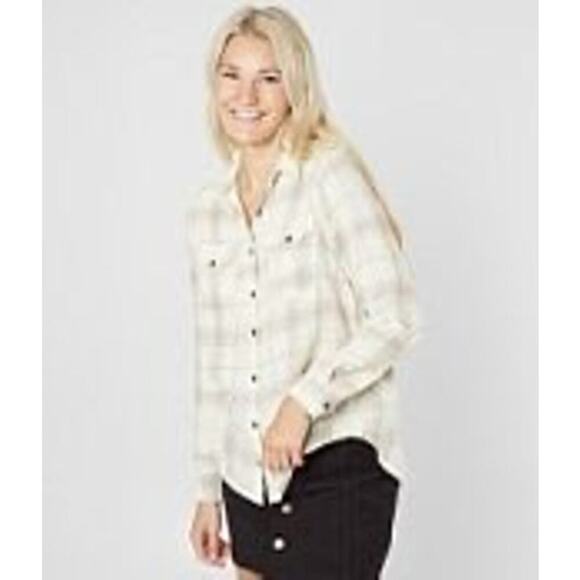 Billabong Venture Out Plaid Shirt Women’s Size M Cream/Tan EUC - Picture 4 of 11